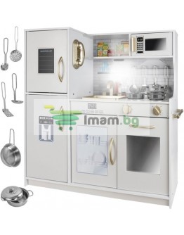 Дървена кухня с аксесоари, LED осветление и звук, бяла